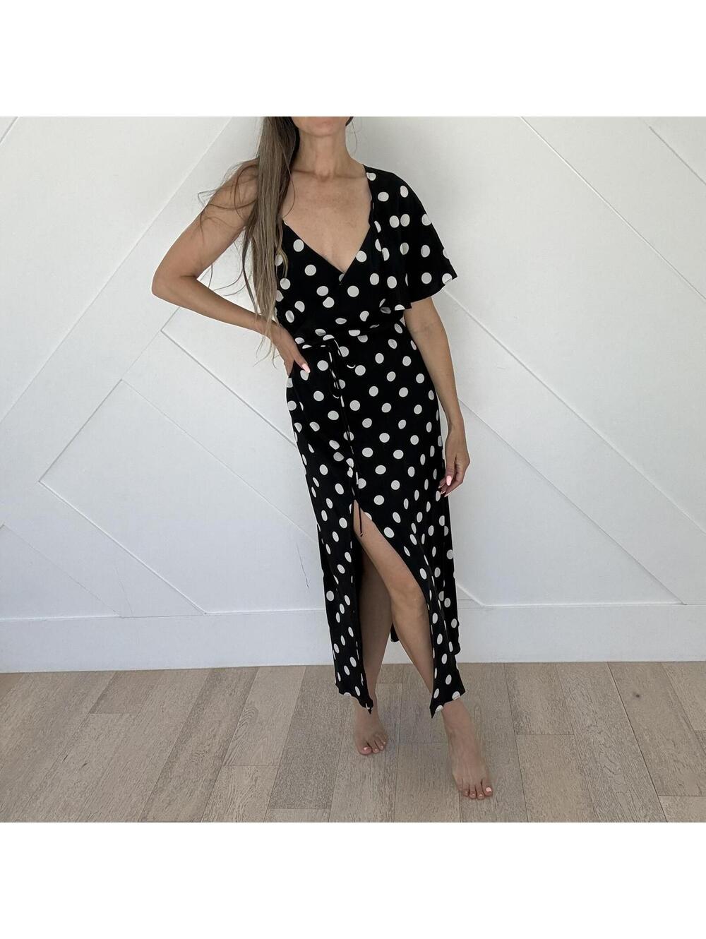 Michelle Mason Black & White Polka Dot Silk Wrap Midi Dress Size 4